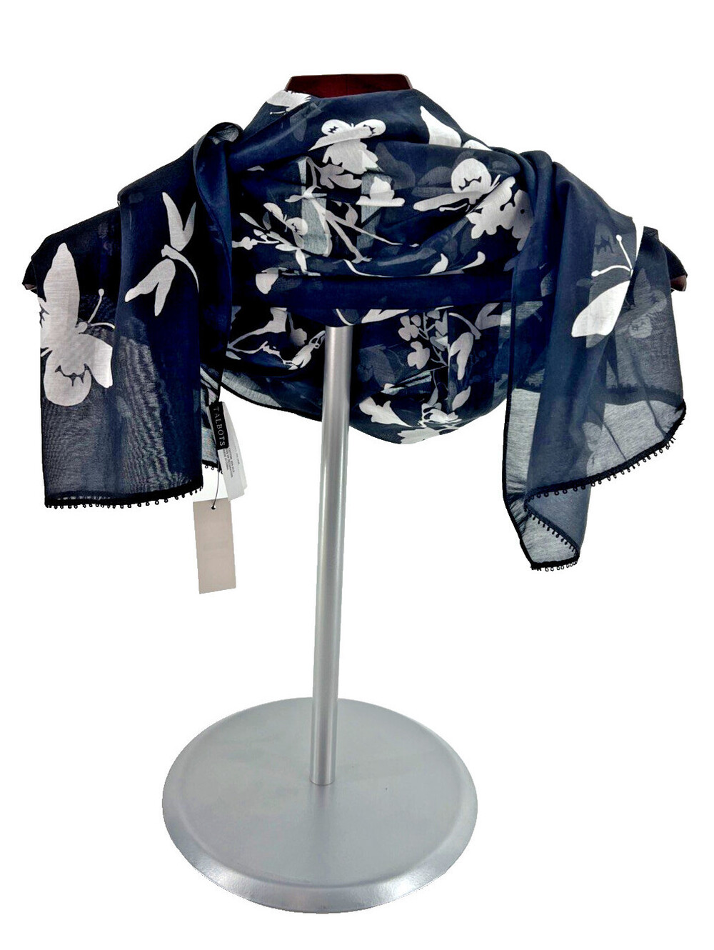 NWT Talbots Black White Butterfly Floral Oblong Scarf 17” x 70” Cotton Silk
